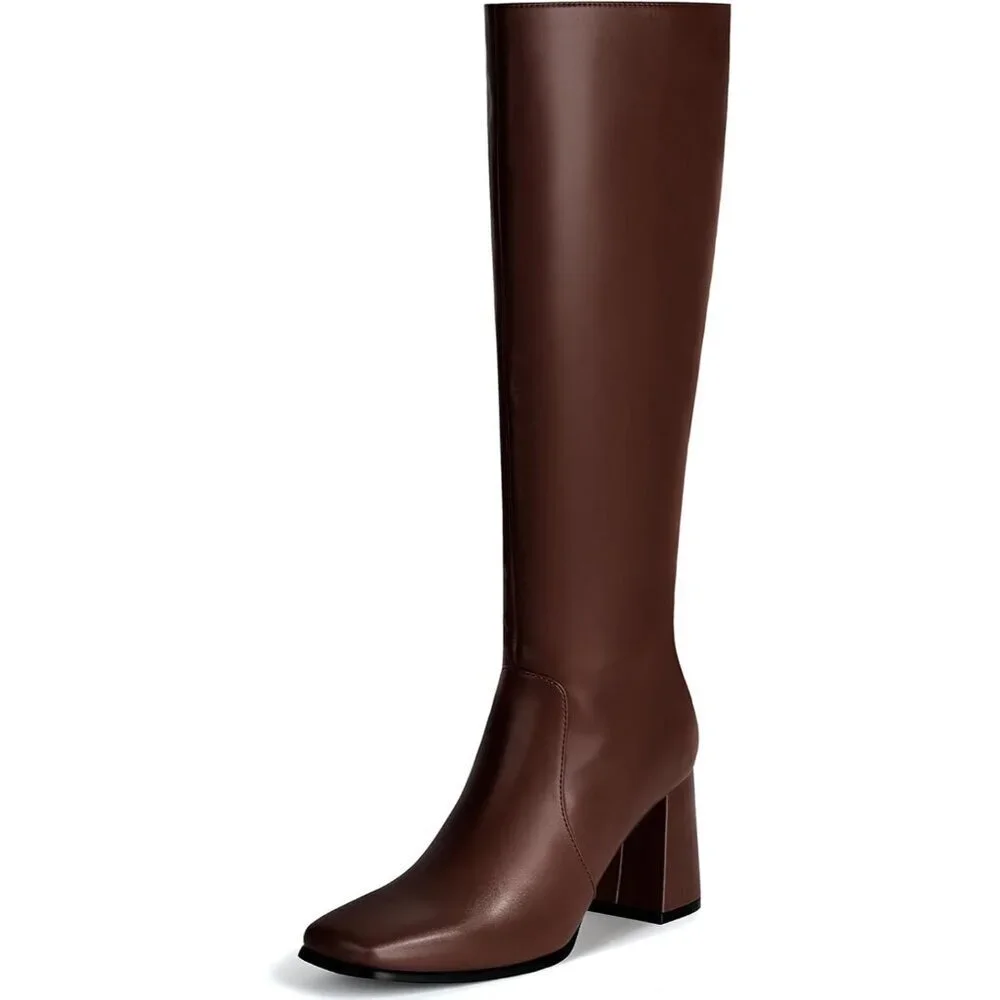 Women's Brown 3.35-inch Square Toe Knee High Boots Chunky Block Heel Tall